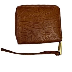 Margot Brown Leather Wallet‎ tooled small zip wristlet